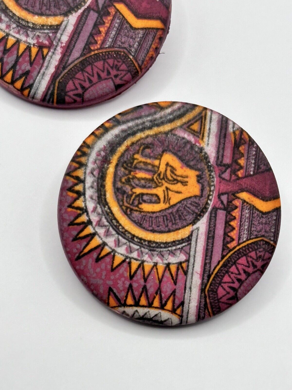 Vintage Ethnic Pink Orange Patterned Disk Clip On Earrings