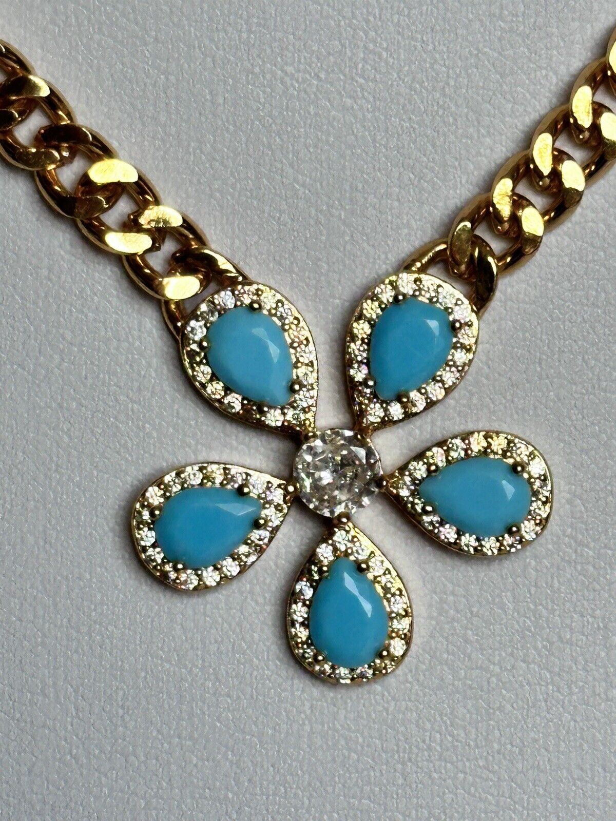 Vintage Gold Plated Faux Turquoise Diamanté Flower Necklace