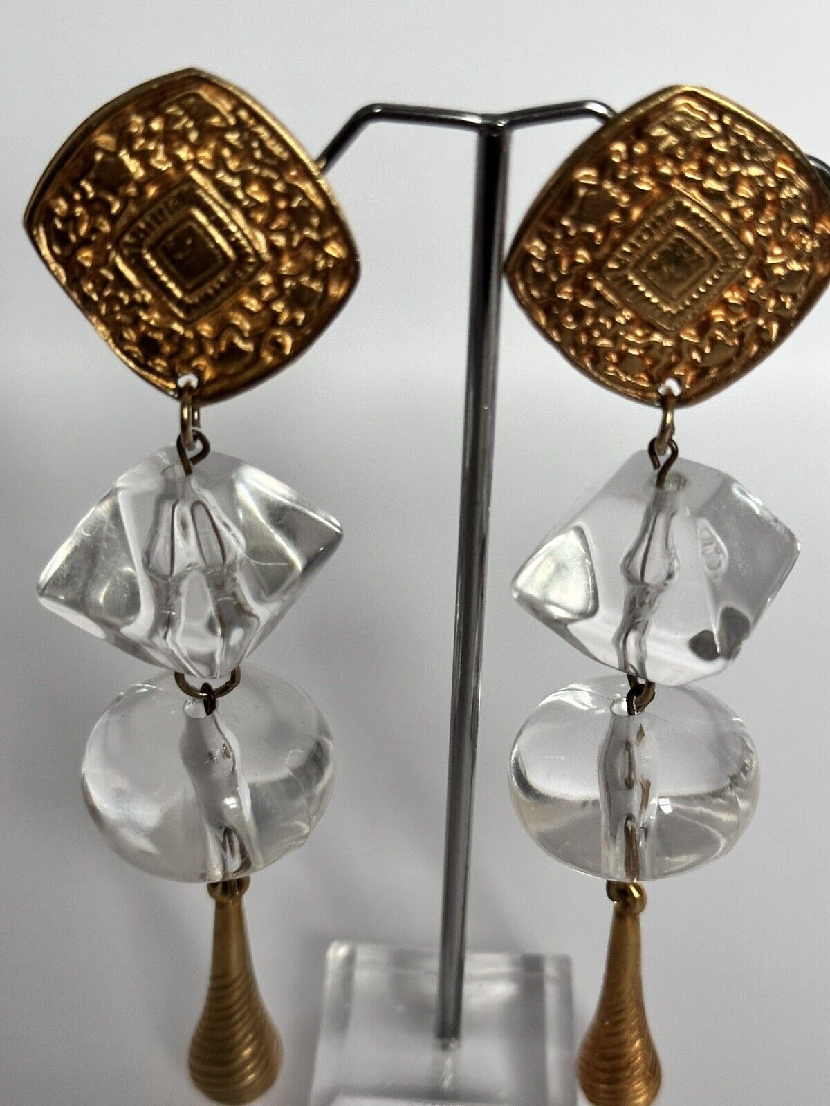 Vintage 1980s Gold Tone Acrylic Long Drop Statement Clip On Earrings