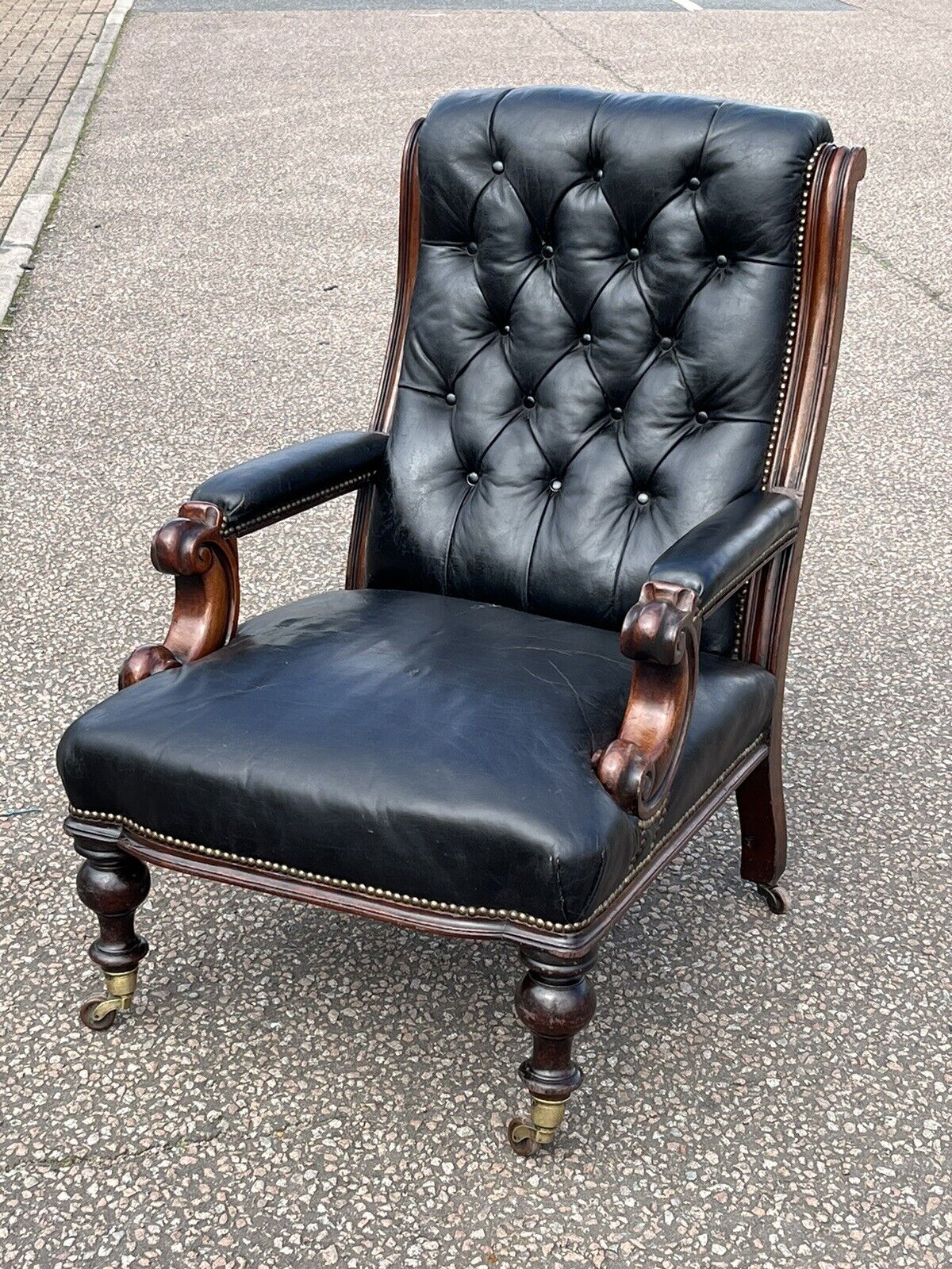 Victorian Black Leather Buttoned Back Armchair, Library Armchair