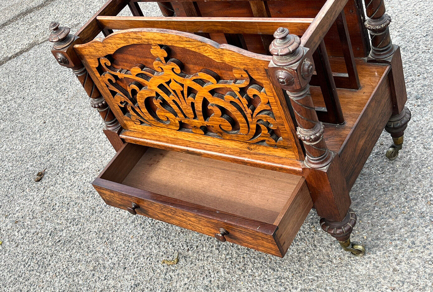 Victorian Rosewood Canterbury Magazine Rack With Drawer On Castors