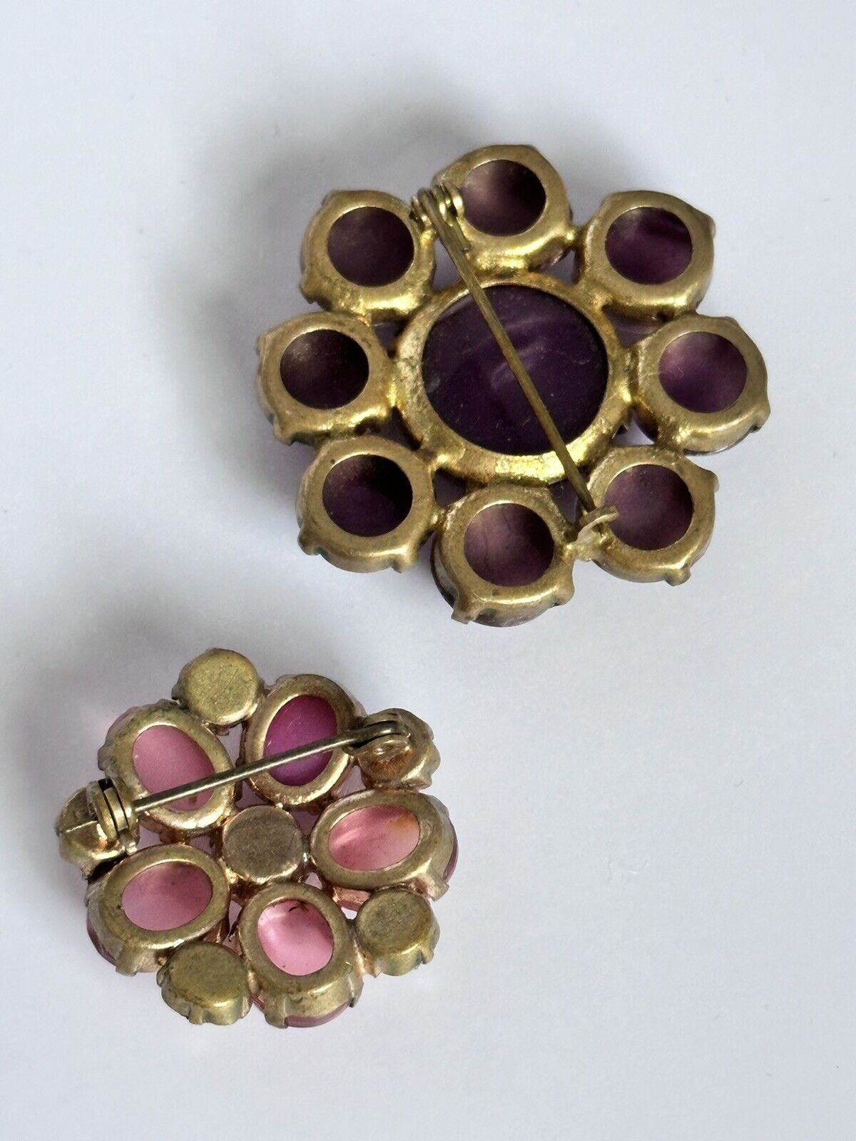Vintage Purple Pink Satin Stone Flowers Set Of 2 Brooches