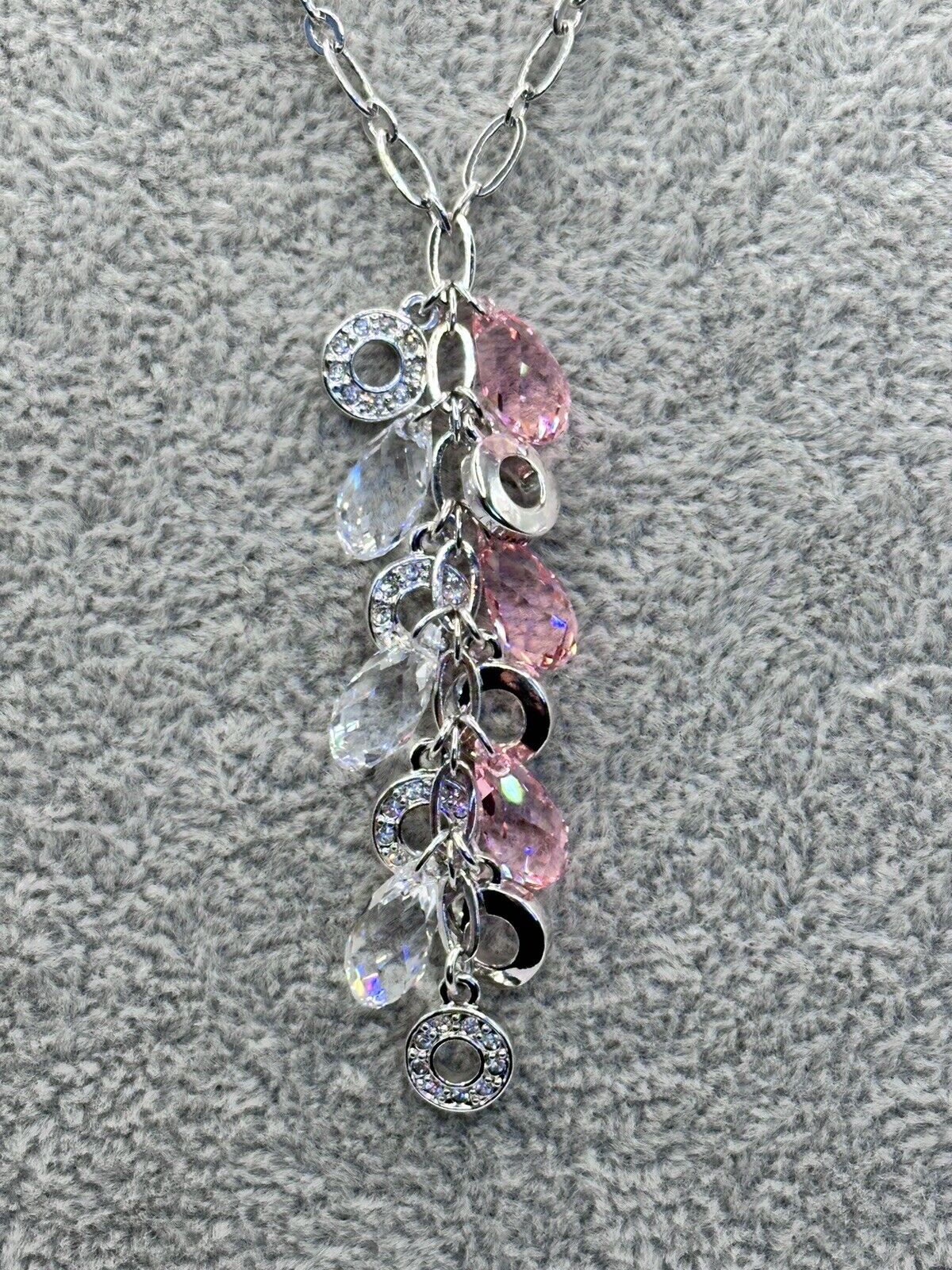Vintage 1980s Rhodium Plated Pink Clear Droplet Crystal Necklace New Old Stock