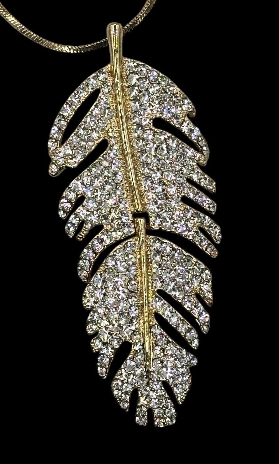 Vintage Gold Tone Diamanté Feather Pendant Necklace