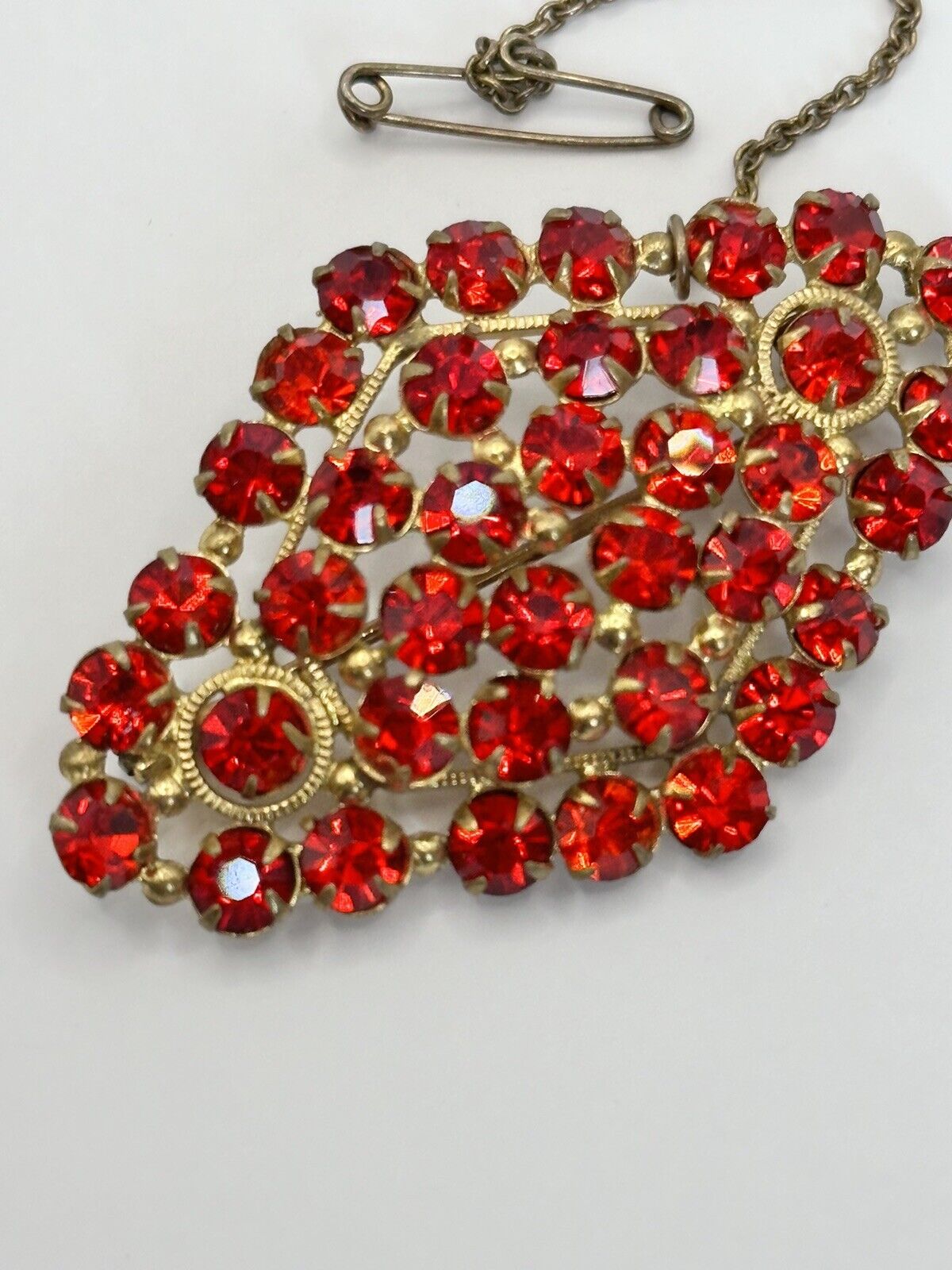 Vintage Gold Tone Red Czech Crystal Brooch Safety Chain