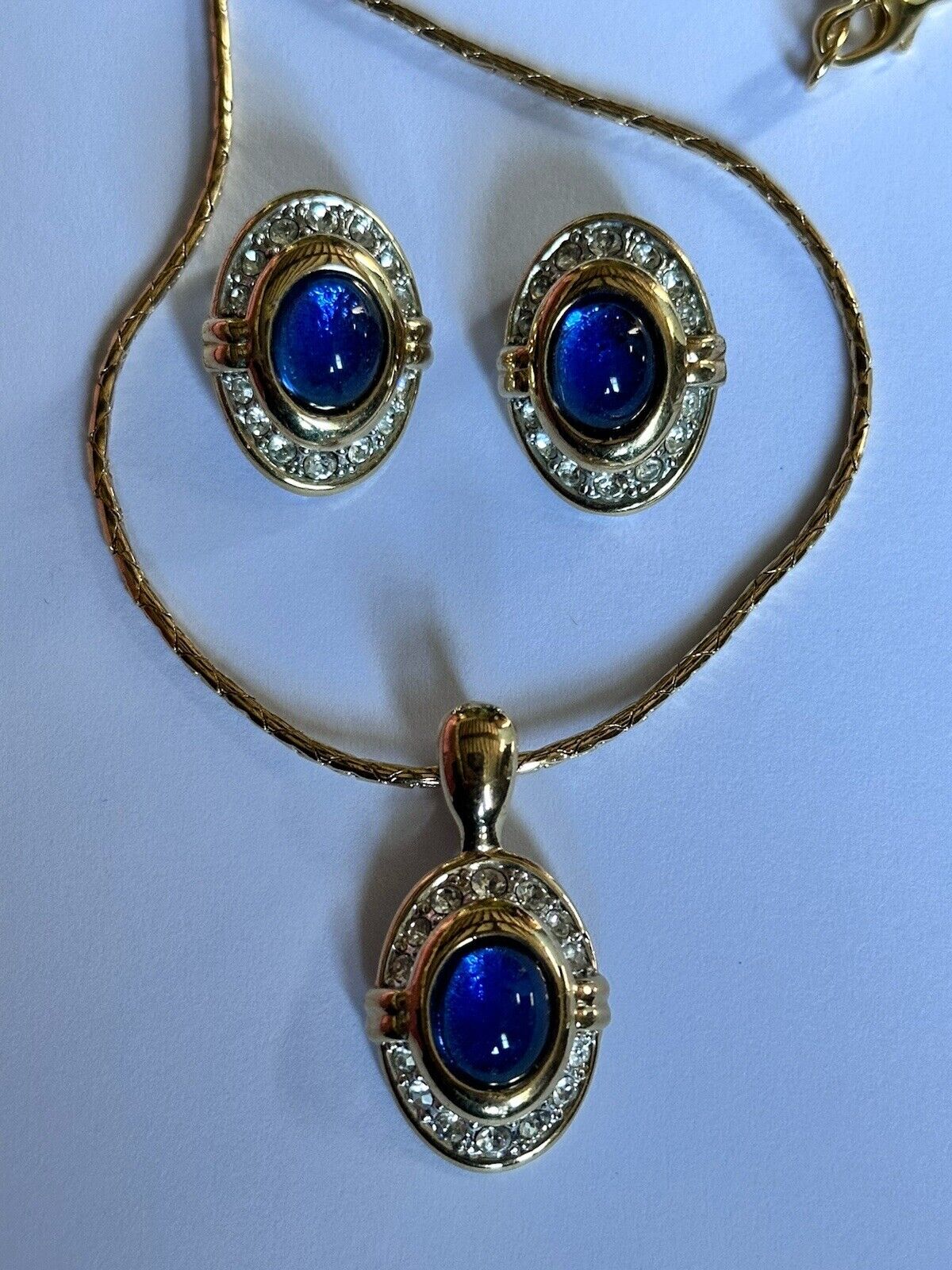 Vintage Blue Cabochon Silver Gold Tone Diamanté Necklace Clip On Earring Set