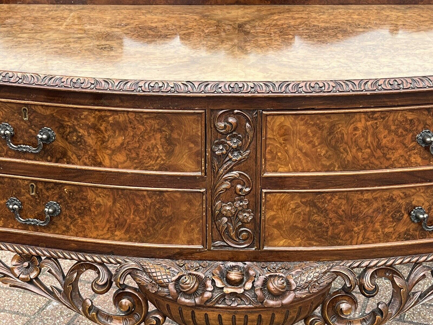 Art Deco Burr Walnut Console Table, Side Table, Server, Sideboard. 4 Drawers
