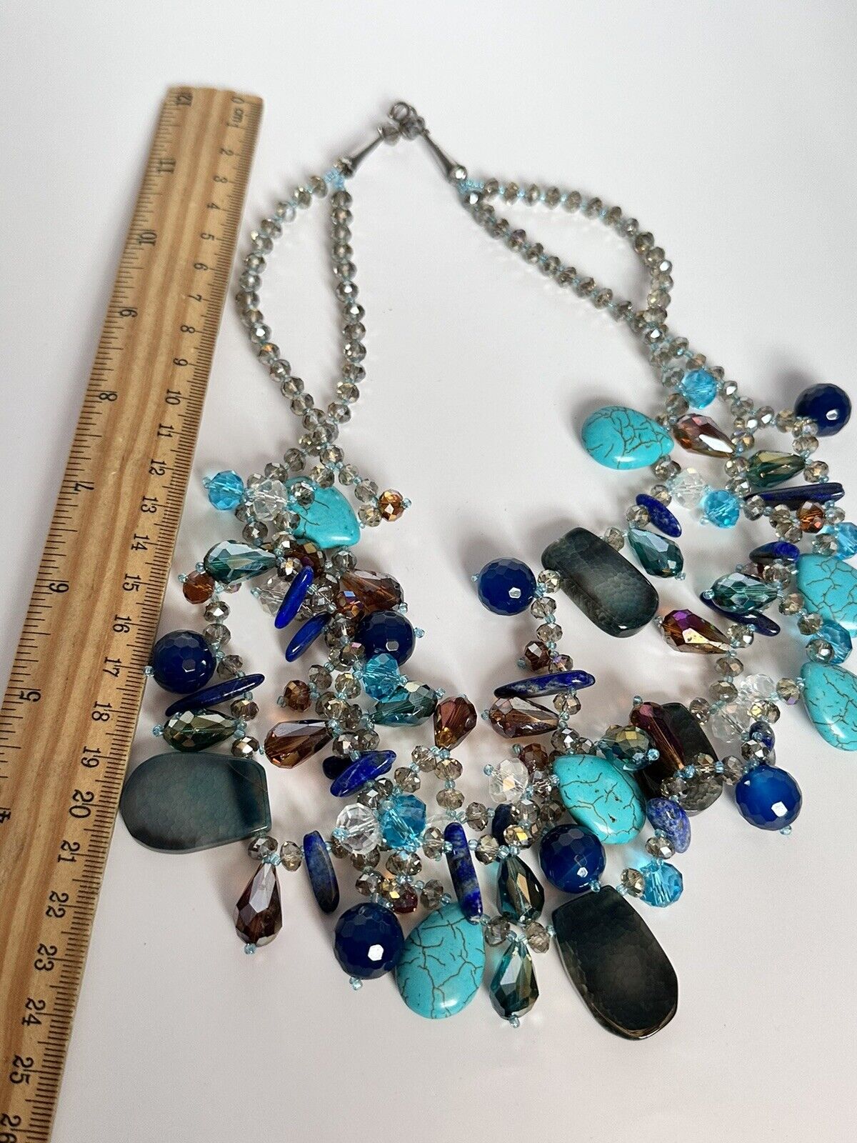 Turquoise Lapis Lazuli Natural Stone Crystal Statement Necklace Silver 925 Clasp