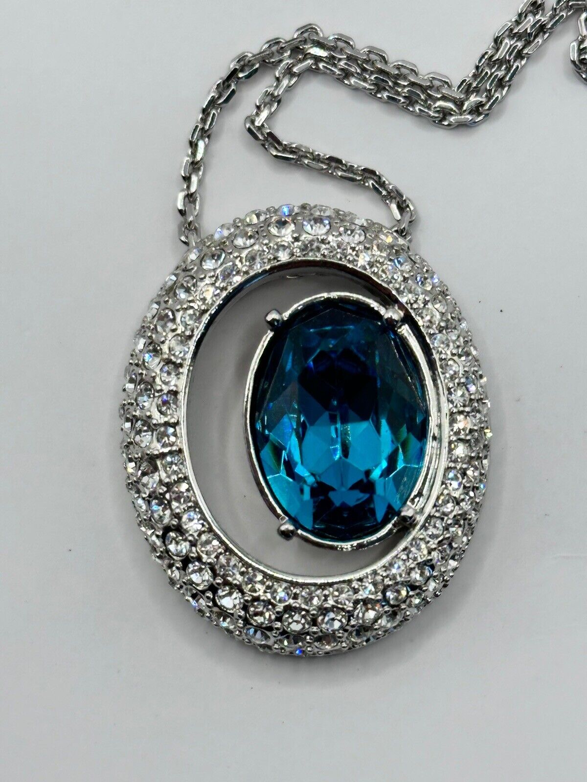 Vintage 1980s Rhodium Plated Blue Crystal Necklace New Old Stock