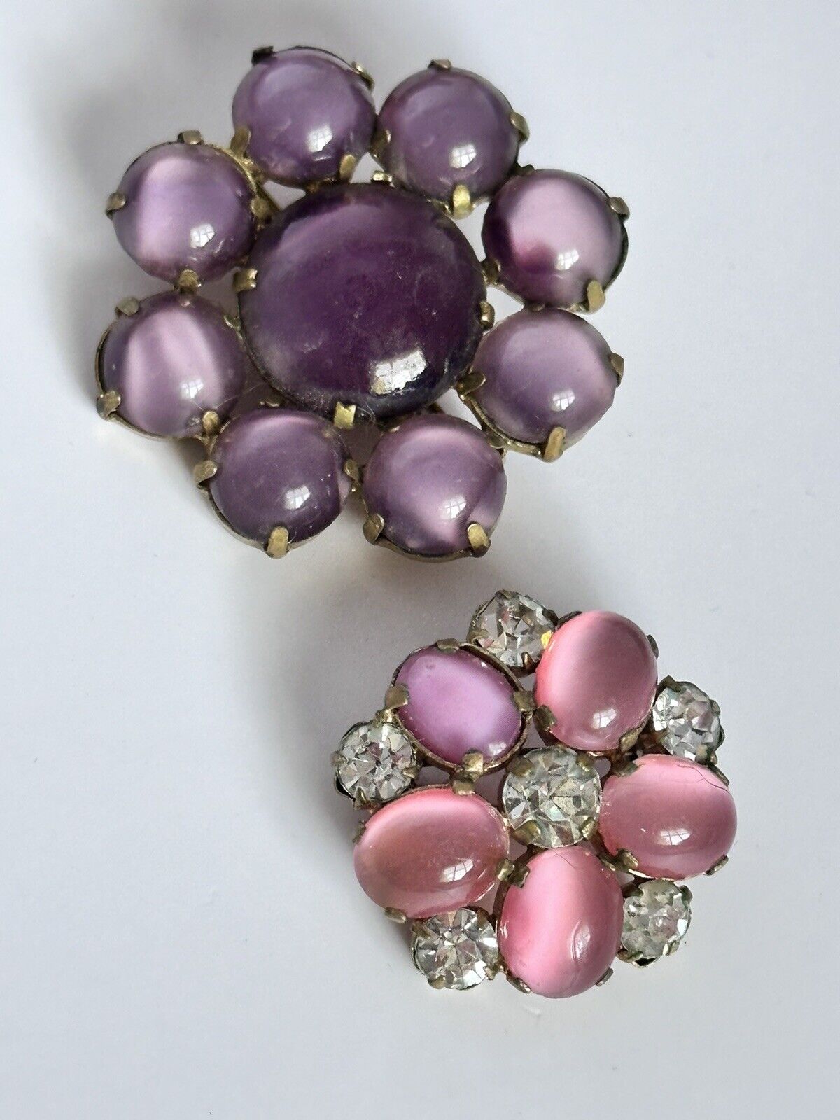 Vintage Purple Pink Satin Stone Flowers Set Of 2 Brooches