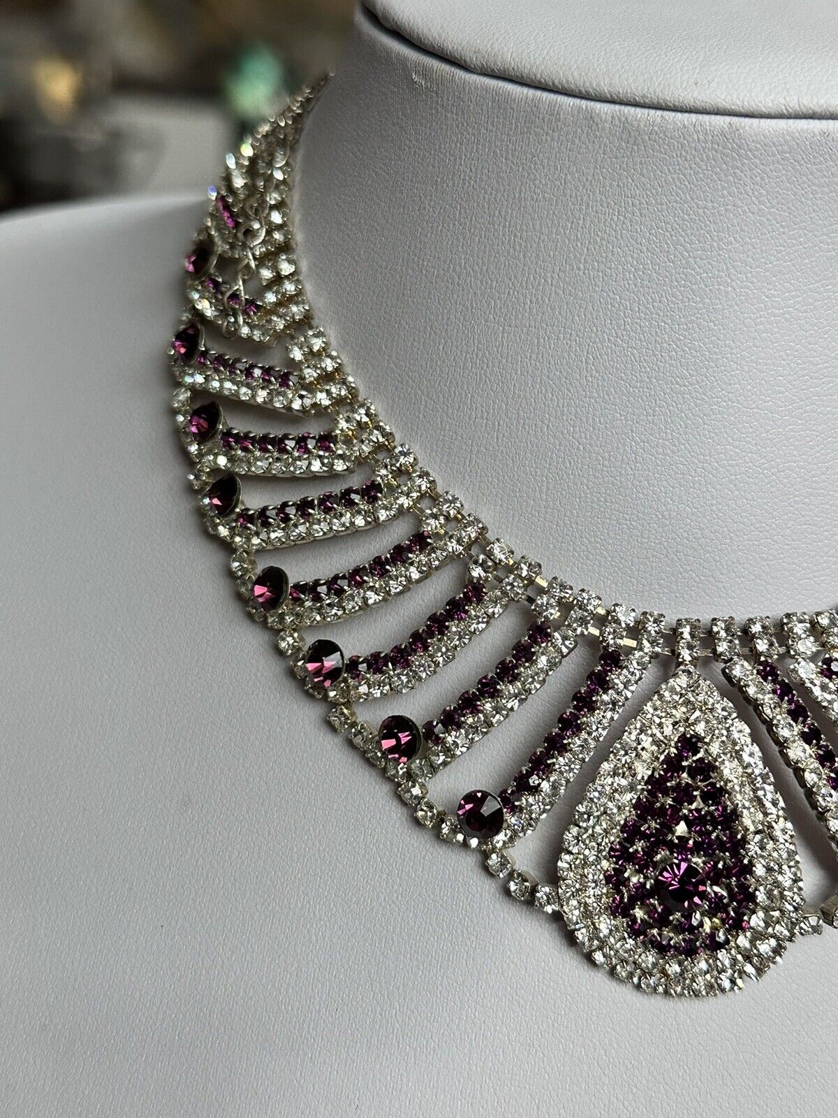 Vintage Silver Tone Clear Purple Diamantés Teardrop Statement Necklace