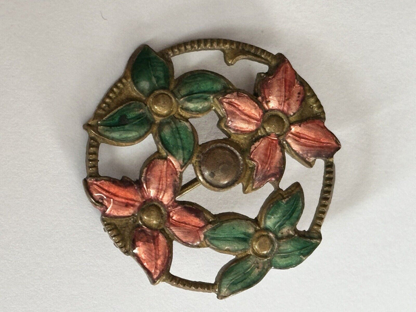Vintage Early Pink Green Enamel Flowers Brooch