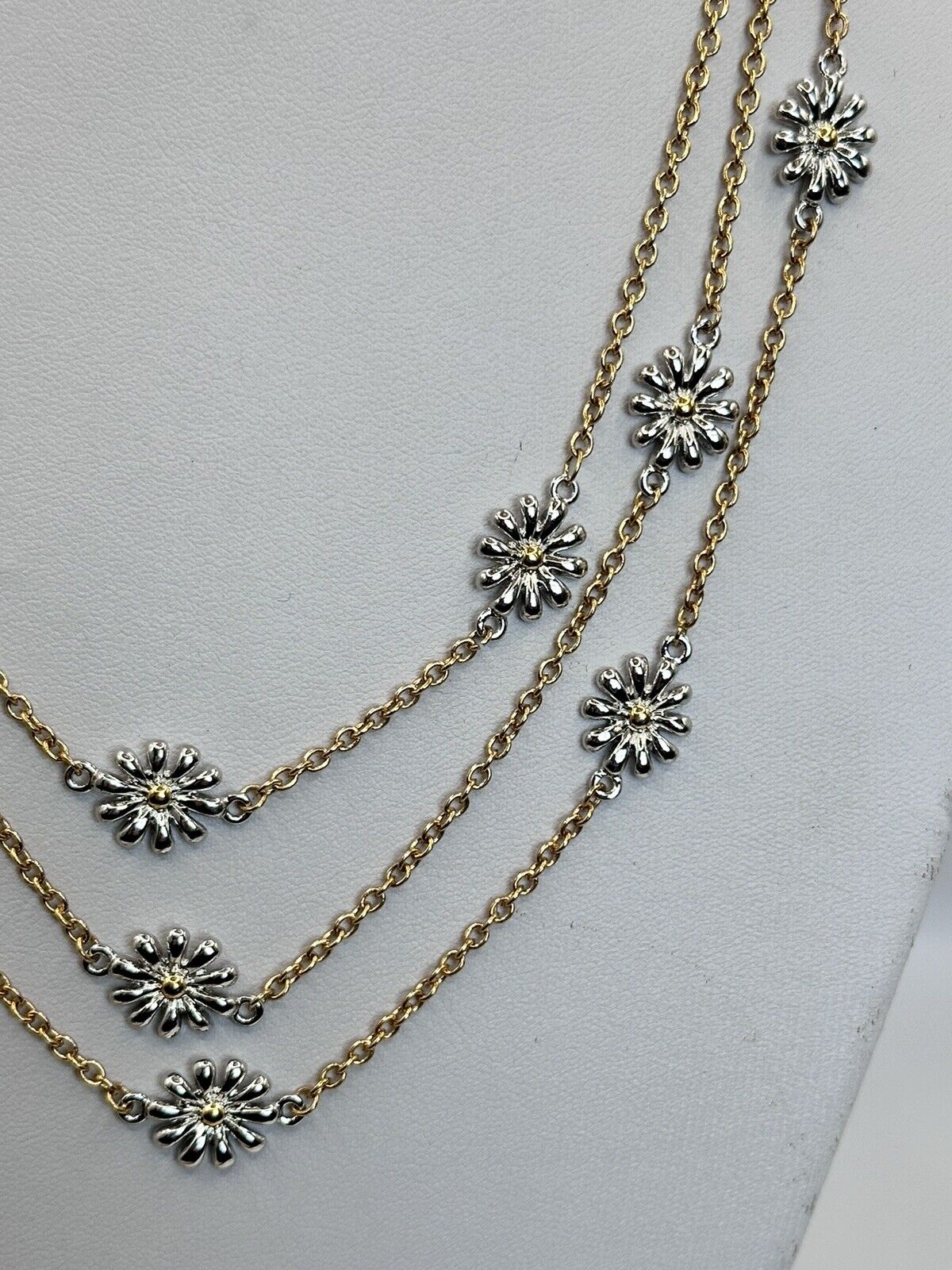 Vintage Gold And Rhodium Plated Daisy Flower Multi Strand Necklace