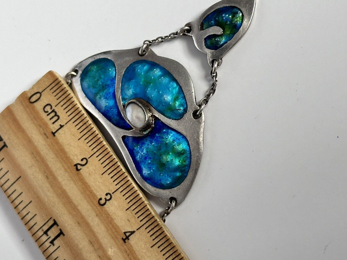 Arts & Crafts Sterling Silver Blue Green Enamel Pearl Lavaliere Necklace