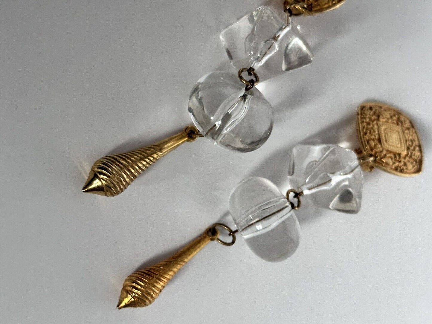 Vintage 1980s Gold Tone Acrylic Long Drop Statement Clip On Earrings