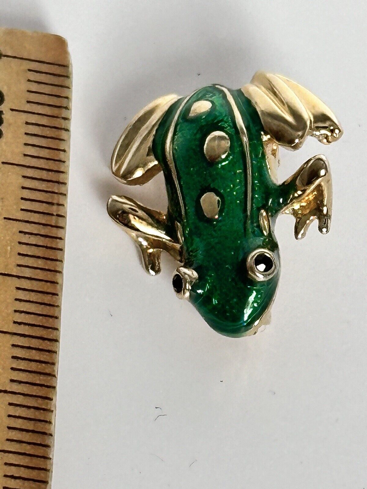 Vintage Gold Tone Green Enamel Frog Brooch