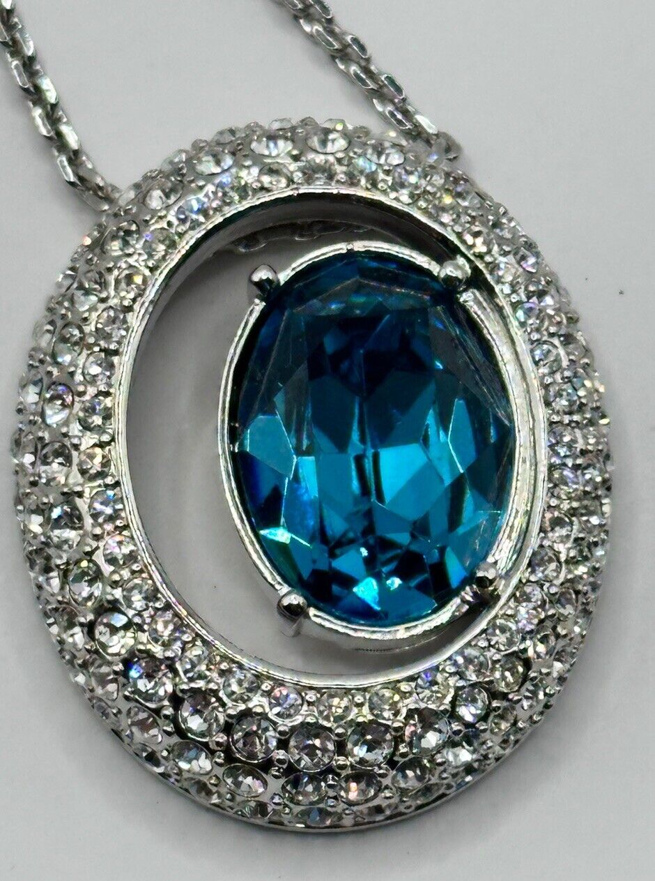 Vintage 1980s Rhodium Plated Blue Crystal Necklace New Old Stock