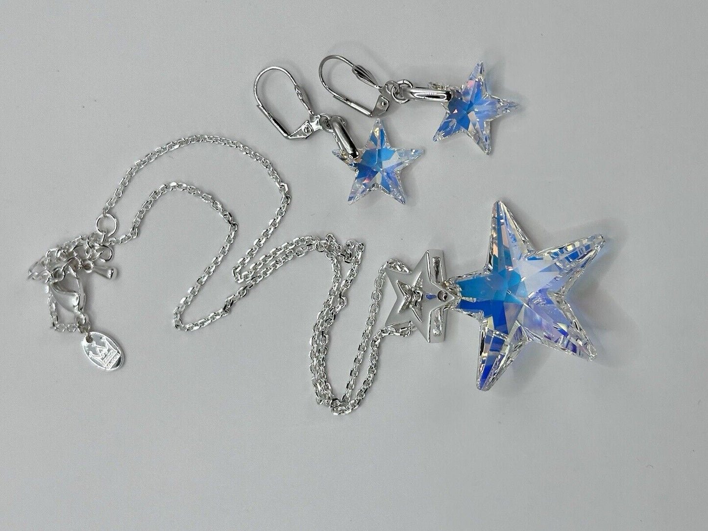 Vintage 1980s Rhodium Plated Aurora Borealis Star Necklace And Earring Set