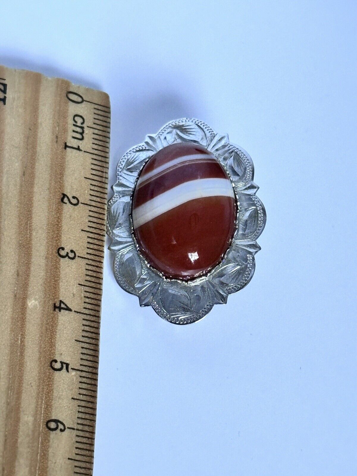 Vintage Silver 925 Red Orange Agate Brooch