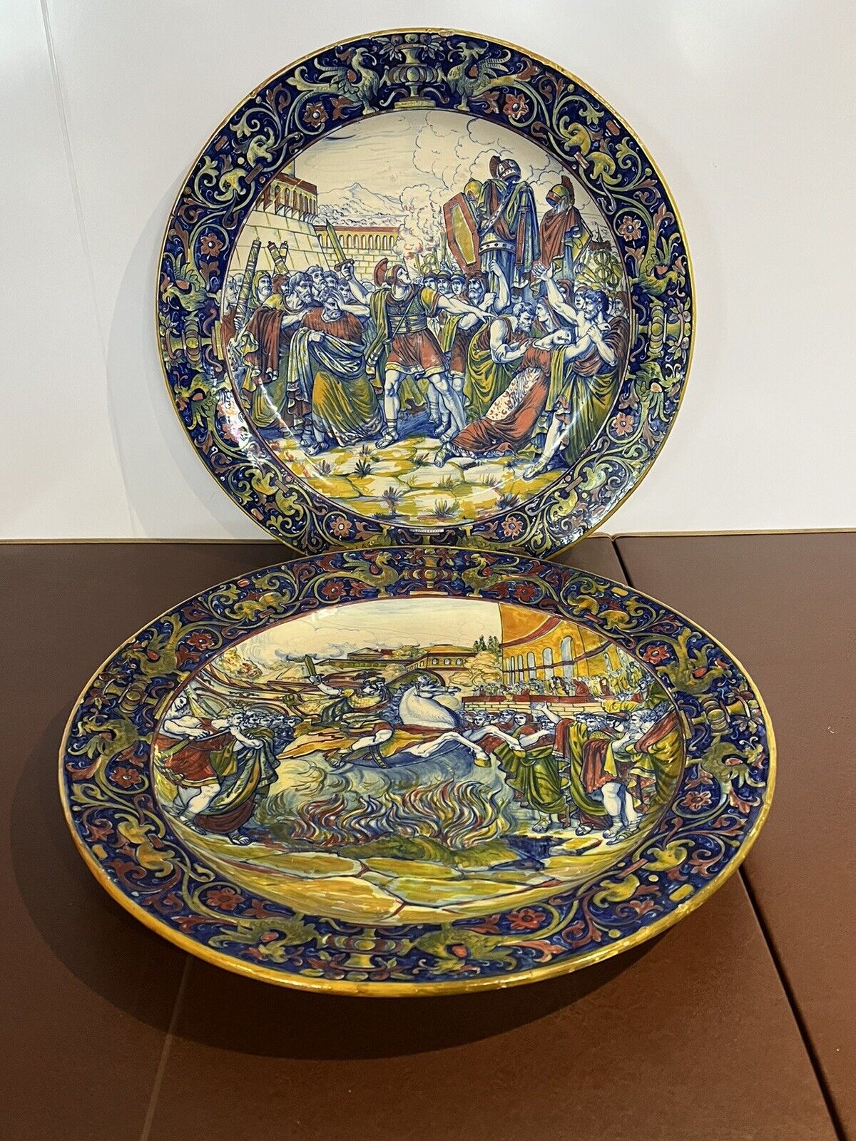 Majolica Roman Centurion Decorated Early 19th Century Huge Wall Chargers