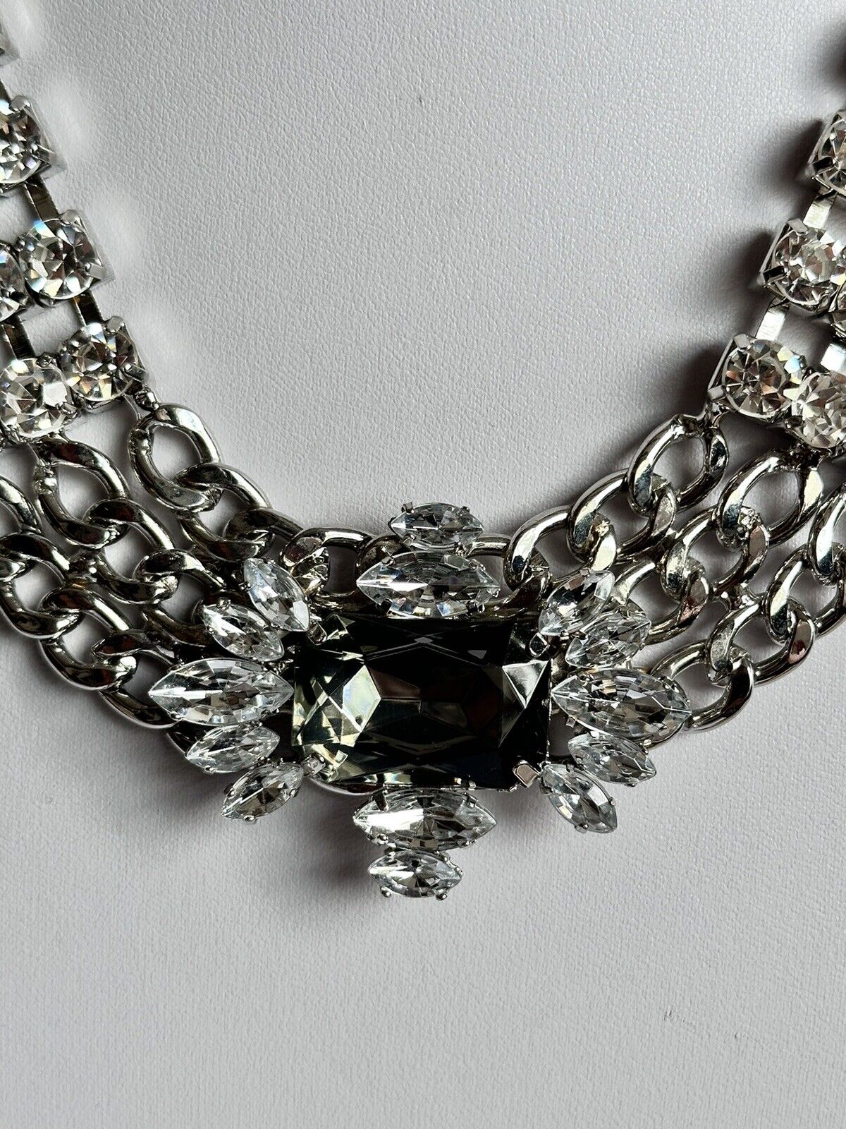 Vintage Silver Tone Chain Link Diamanté Statement Necklace