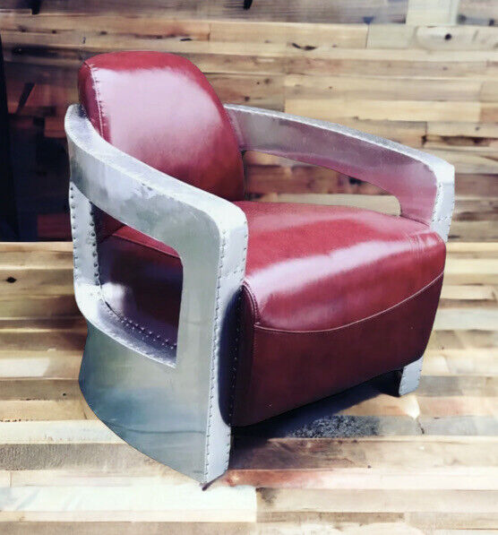 Aviators Armchair, Aluminium With Red Leather Upholstery.