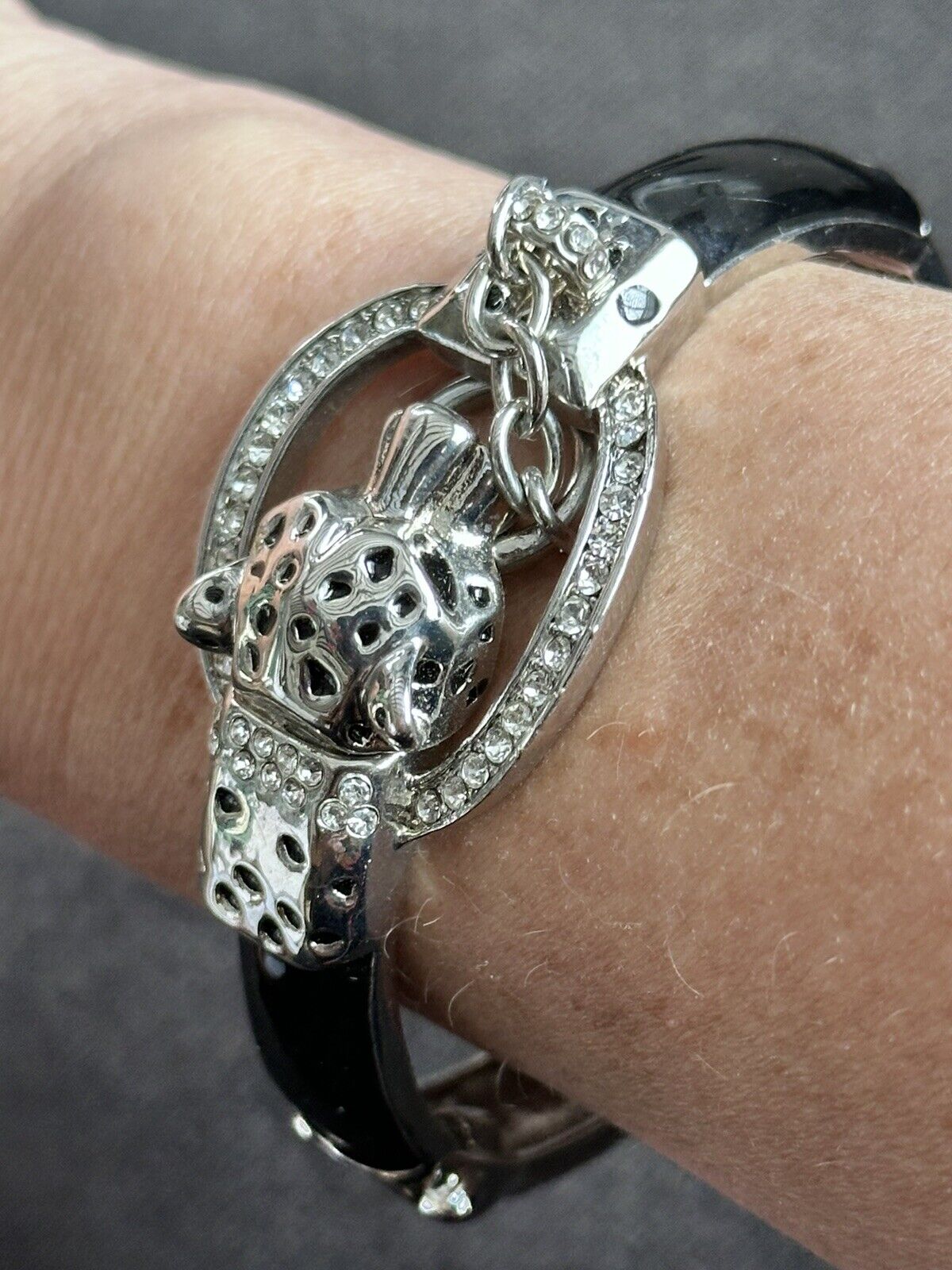 Vintage Silver Tone Leopard Door Knocker Hinged Cuff Bracelet