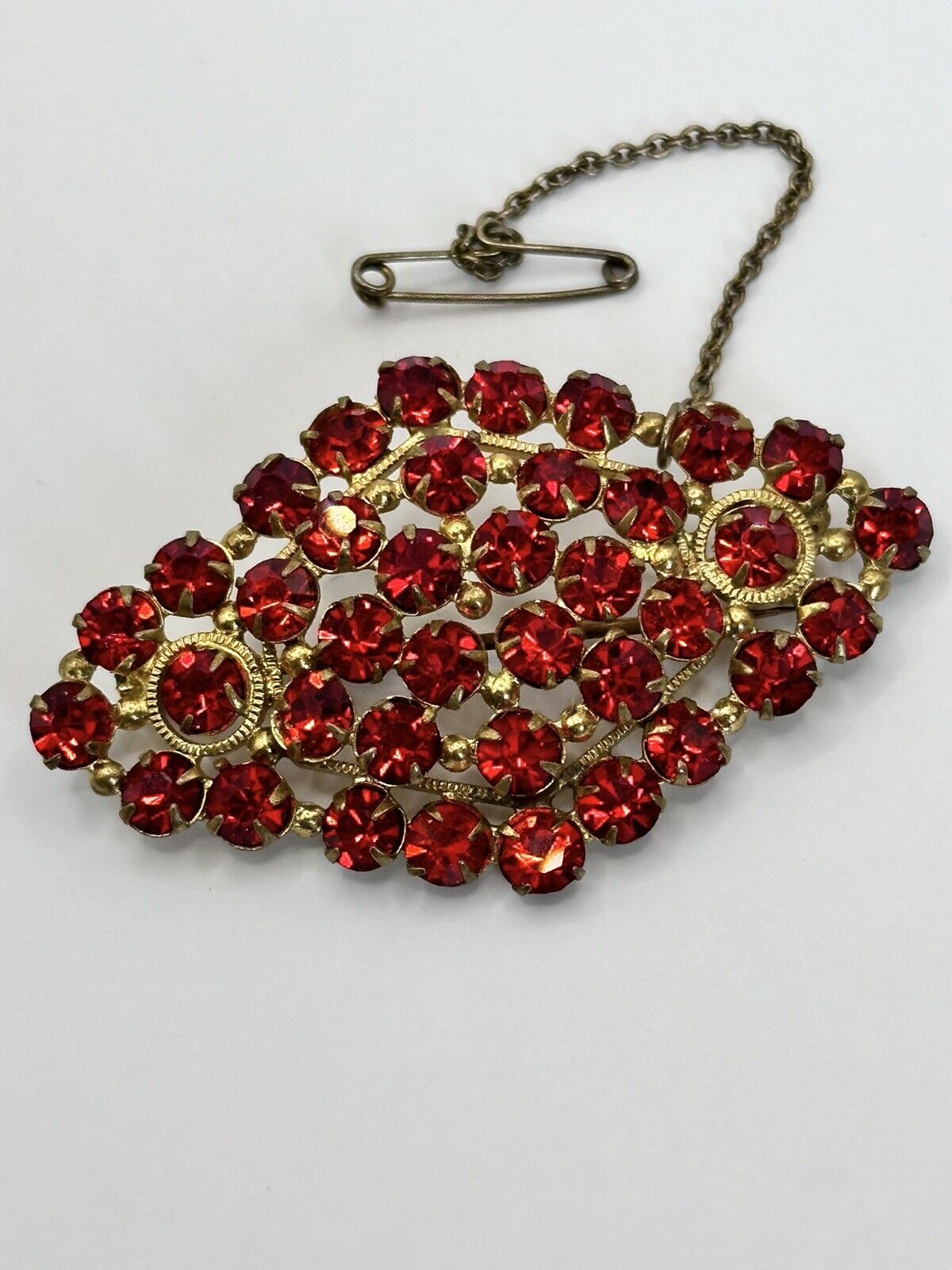 Vintage Gold Tone Red Czech Crystal Brooch Safety Chain