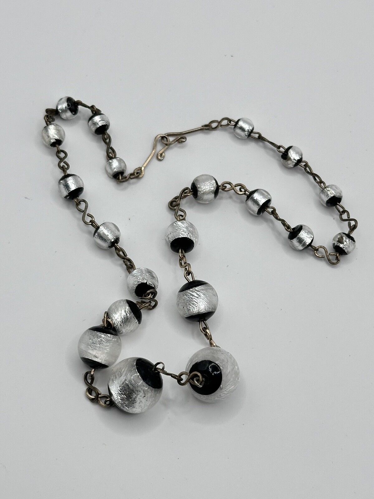 Vintage Deco Foiled Czech Glass Silver Black On Rolled Gold Chain