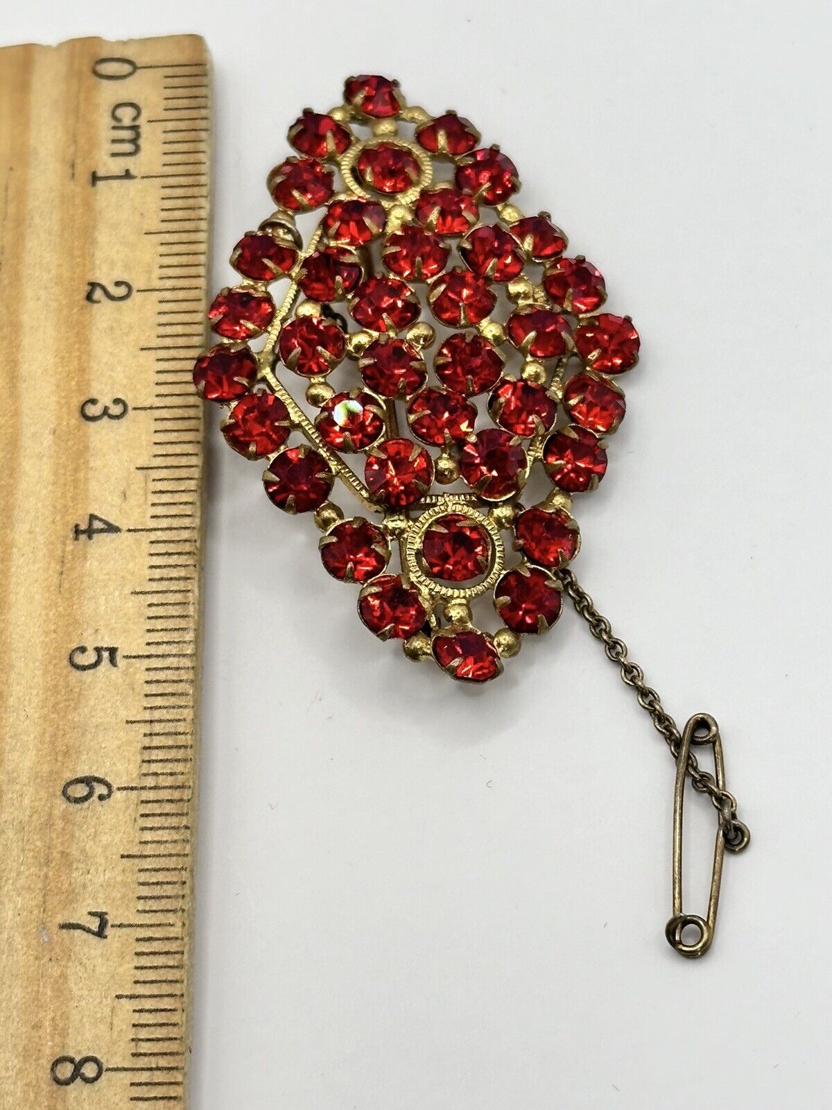 Vintage Gold Tone Red Czech Crystal Brooch Safety Chain