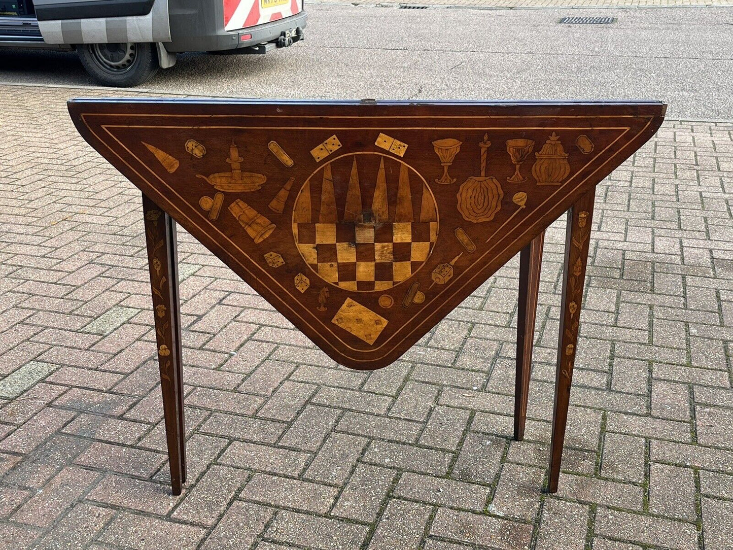 Antique Dutch Marquetry Games Table With Fold Over Lid And Card playing area
