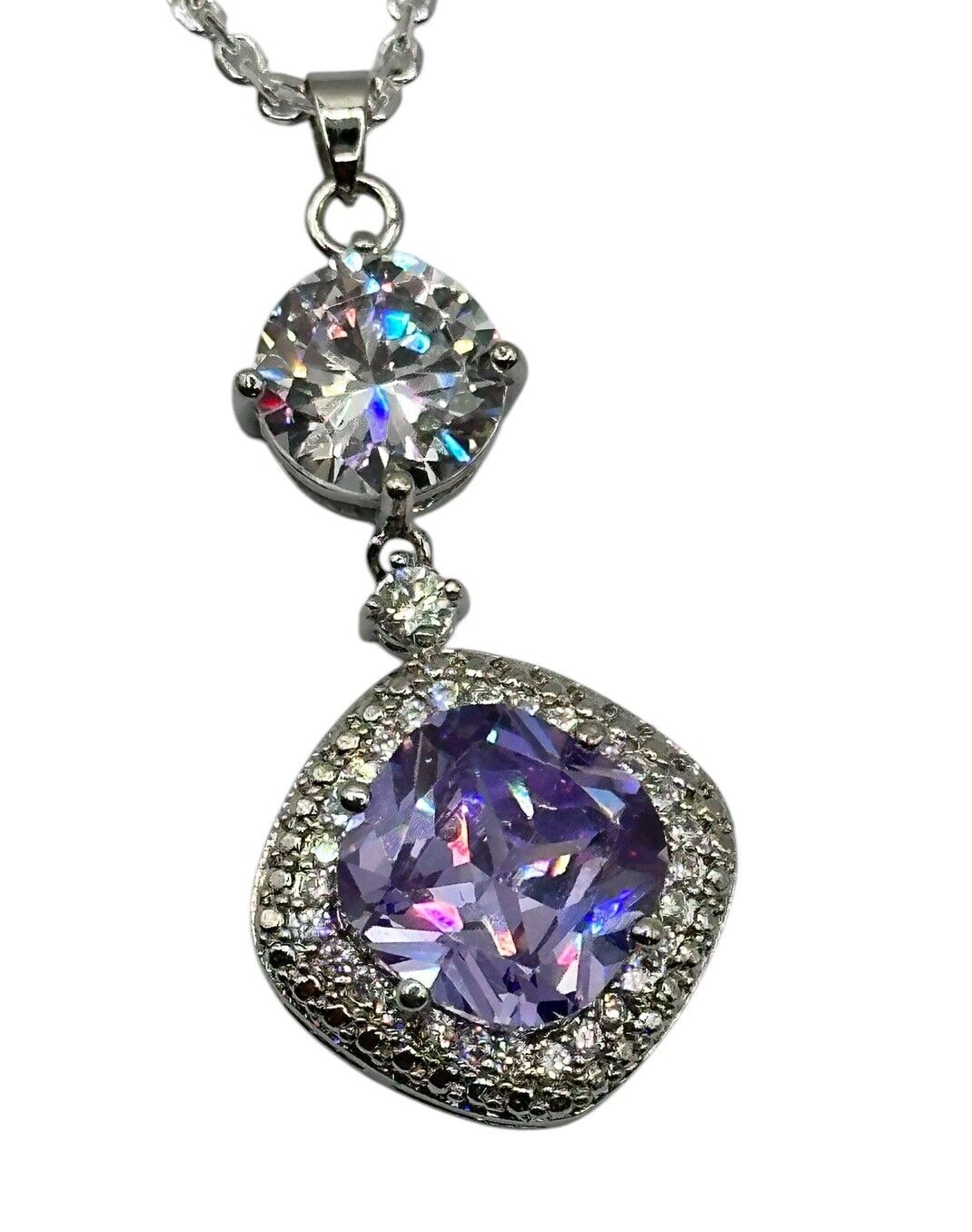 Rhodium Plated Necklace Made With Clear Purple Swarovski Crystals New Old Stock
