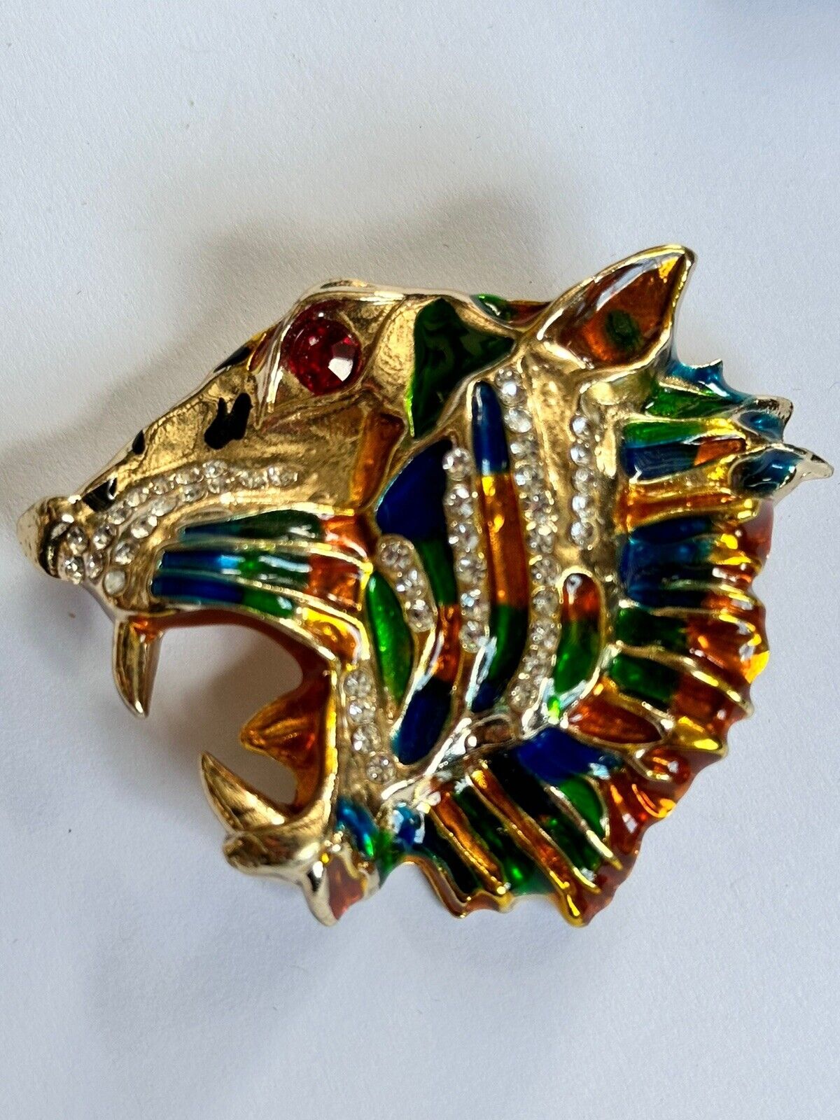 Vintage Gold Plated Tiger Enamel Diamanté Statement Brooch