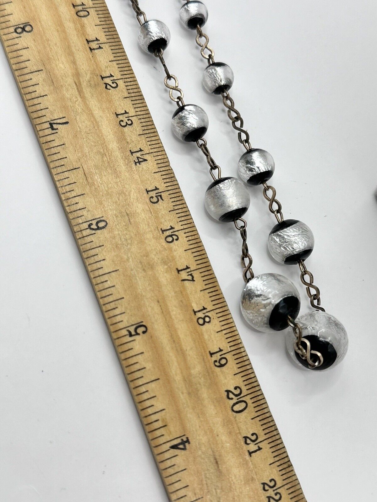 Vintage Deco Foiled Czech Glass Silver Black On Rolled Gold Chain
