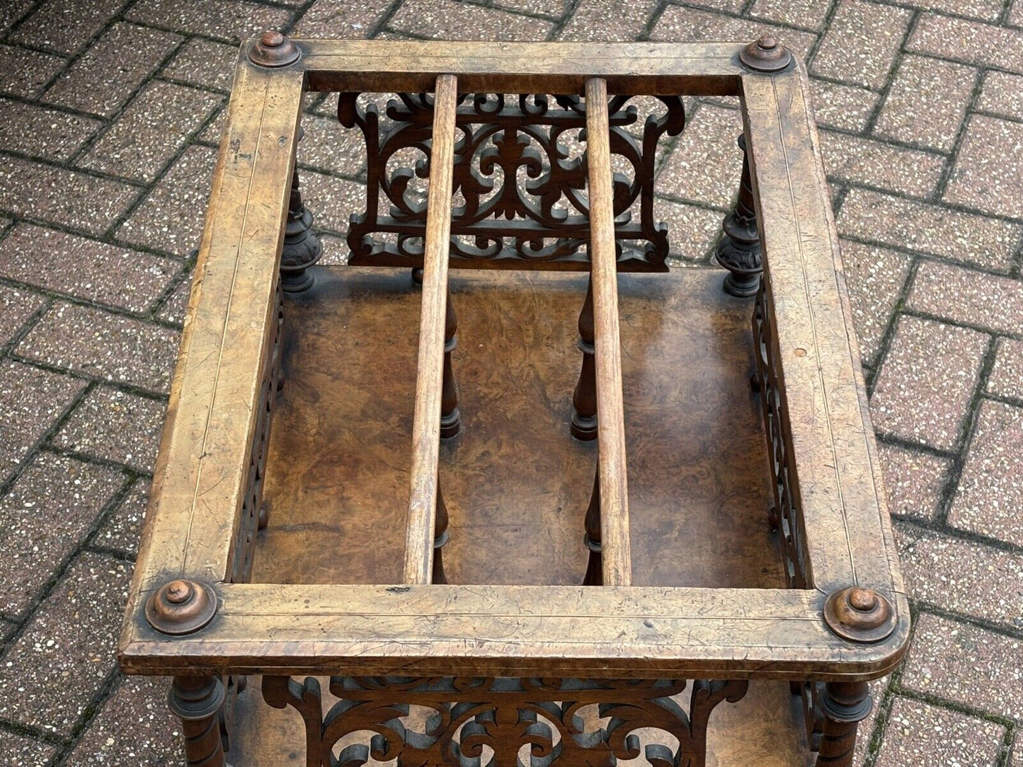 Victorian Walnut Canterbury Magazine Rack With Drawer, White Castors