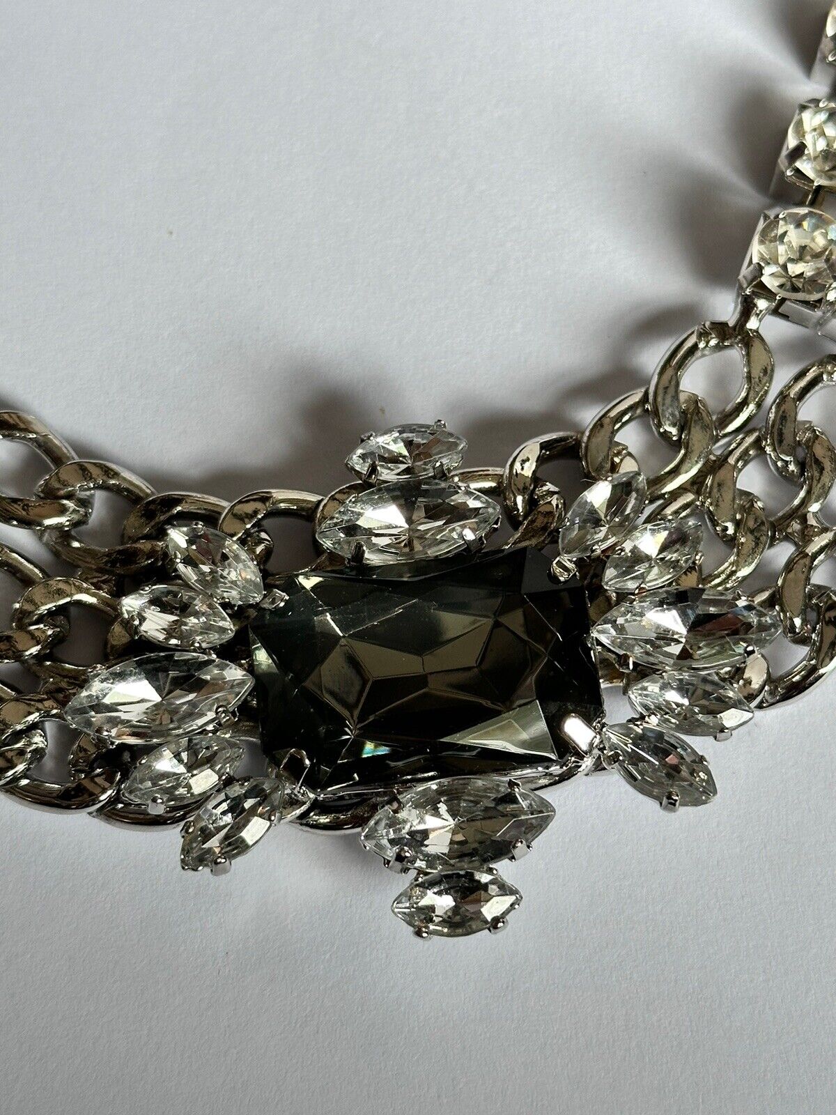 Vintage Silver Tone Chain Link Diamanté Statement Necklace