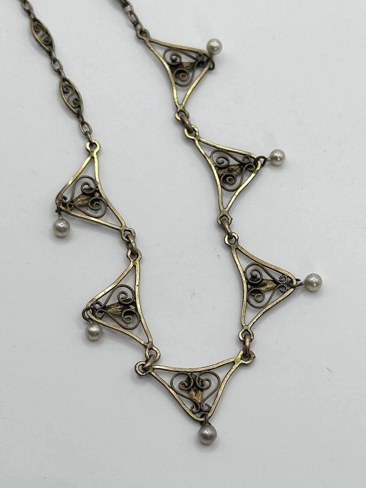 Vintage Gold Silver Tone Cut Out Faux Pearl Drop Necklace
