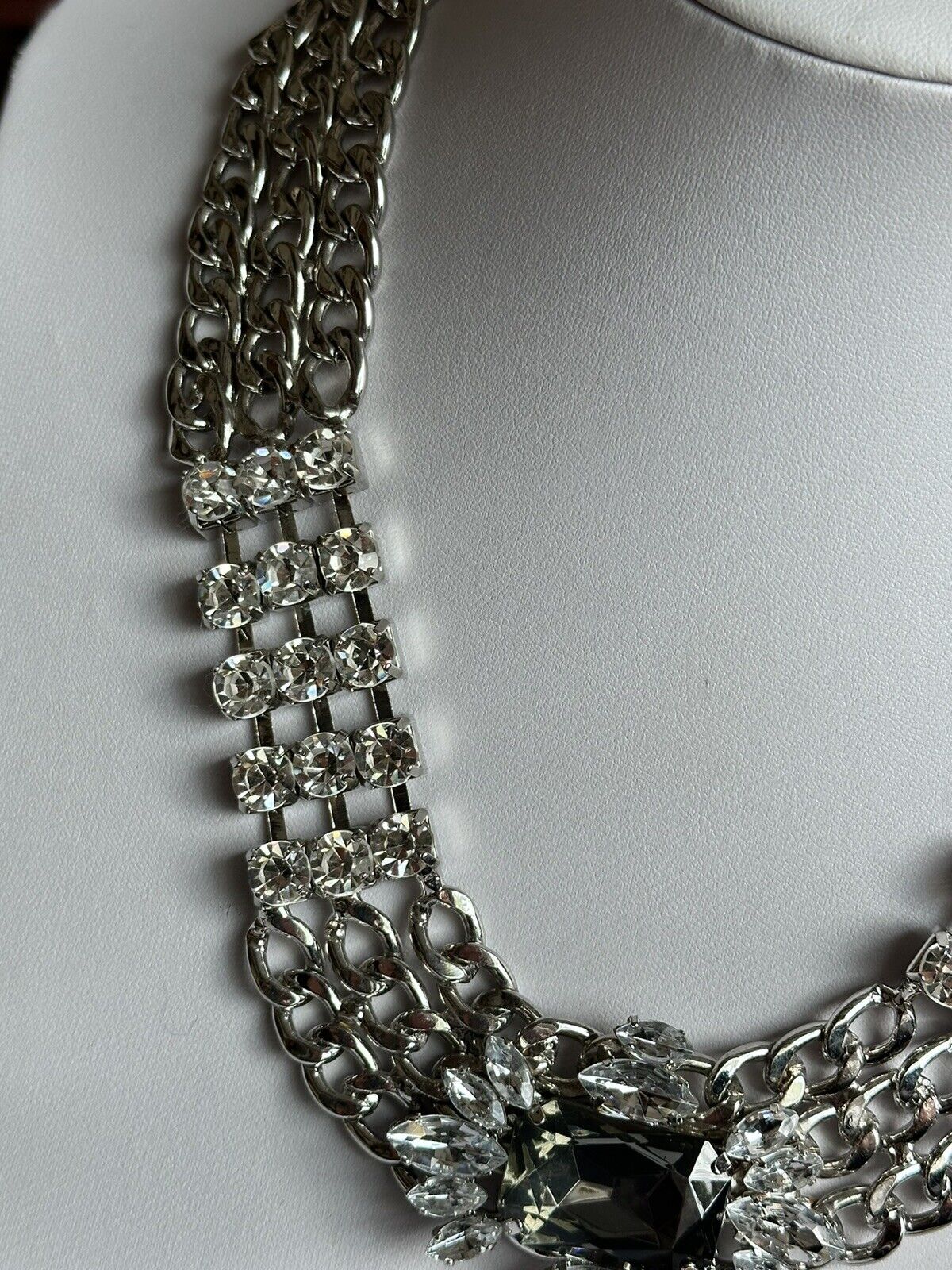 Vintage Silver Tone Chain Link Diamanté Statement Necklace
