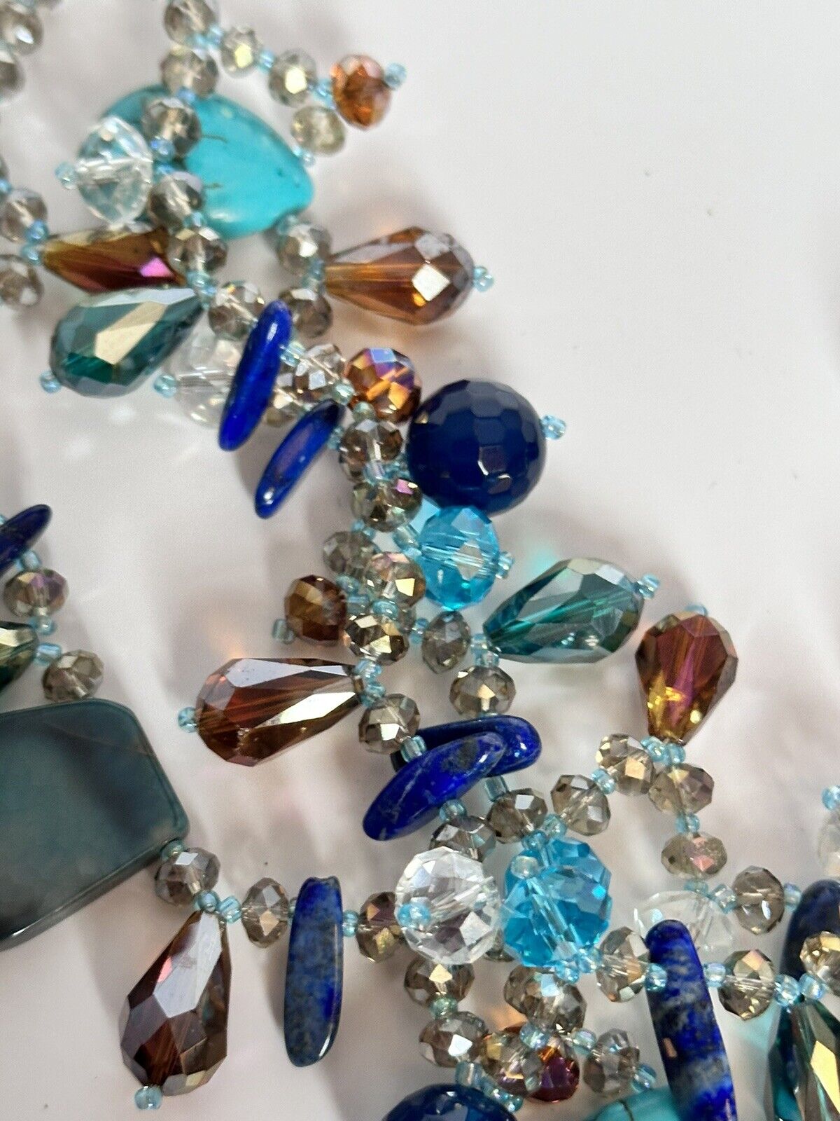 Turquoise Lapis Lazuli Natural Stone Crystal Statement Necklace Silver 925 Clasp