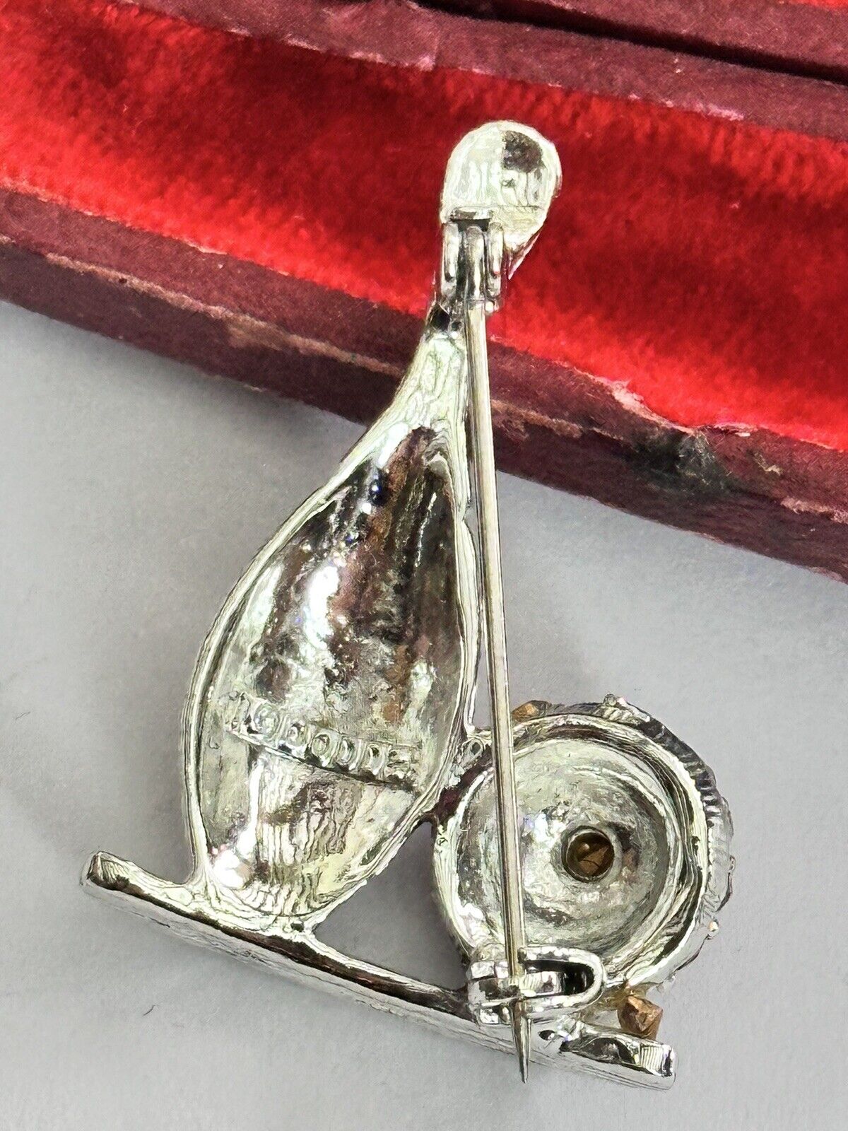 Vintage Silver Tone Red Diamanté Ten Pin Bowling Ball Brooch