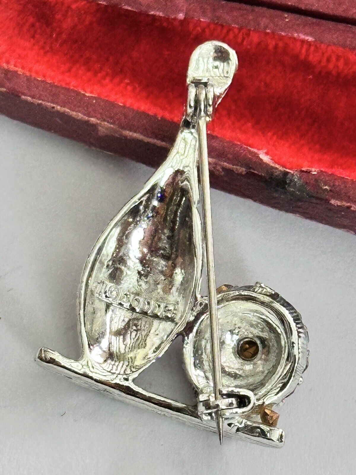 Vintage Silver Tone Red Diamanté Ten Pin Bowling Ball Brooch