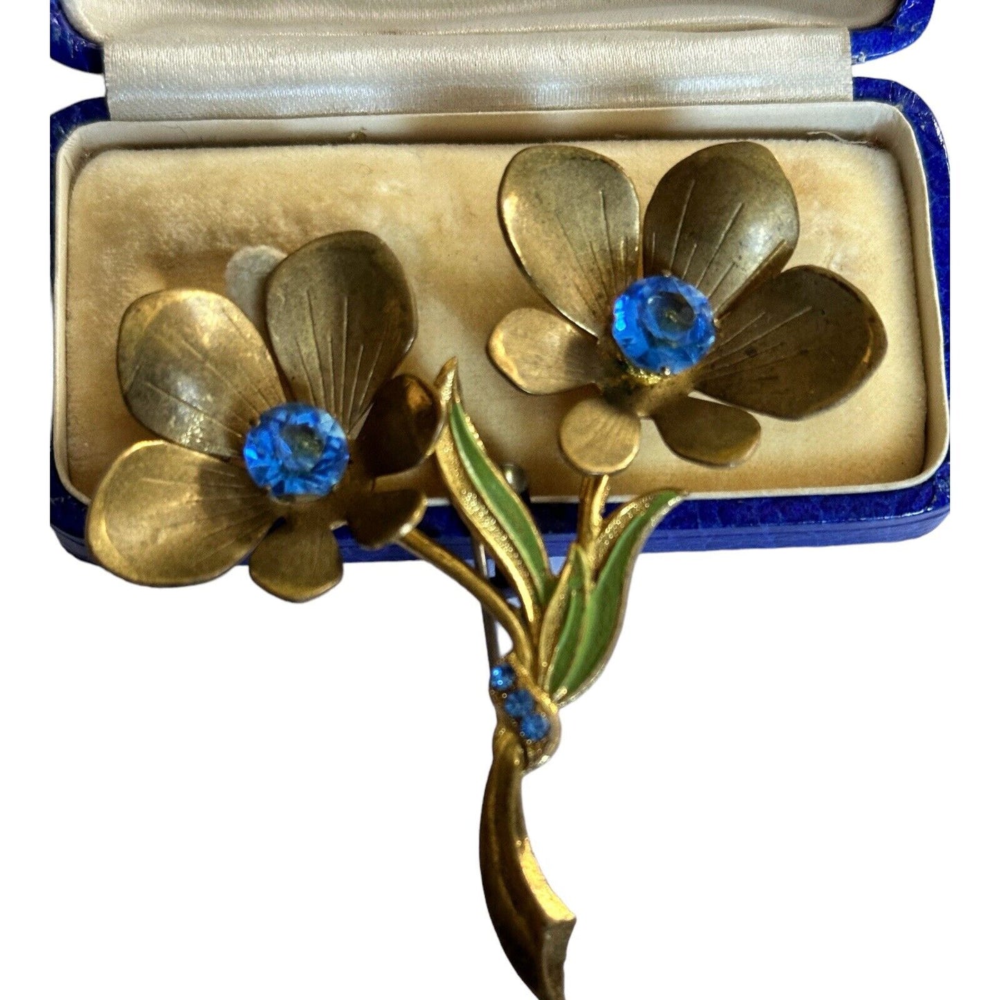 Vintage Old Gold Tone Blue Diamanté Flowers Brooch