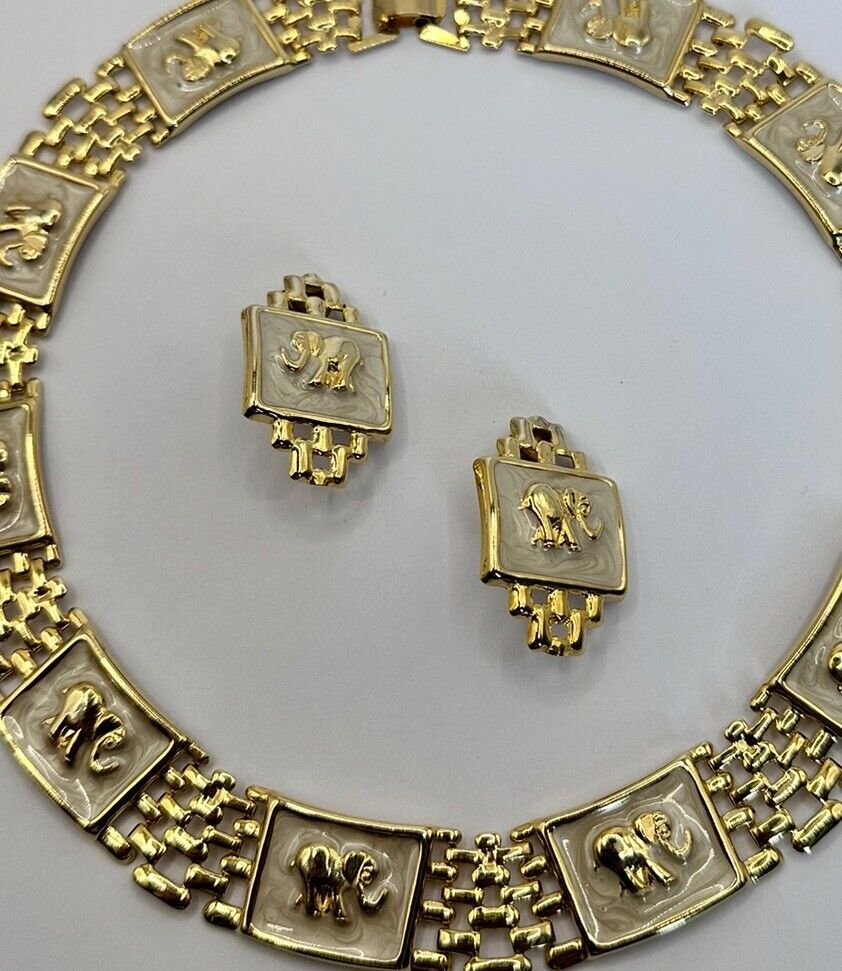 Vintage Gold Tone Enamel Elephant Necklace Clip On Earring Set