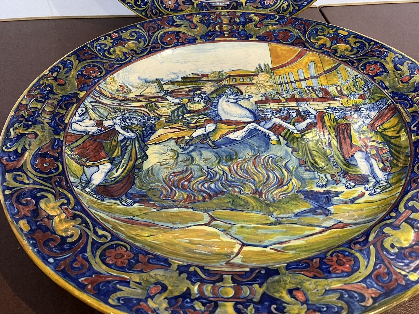 Majolica Roman Centurion Decorated Early 19th Century Huge Wall Chargers