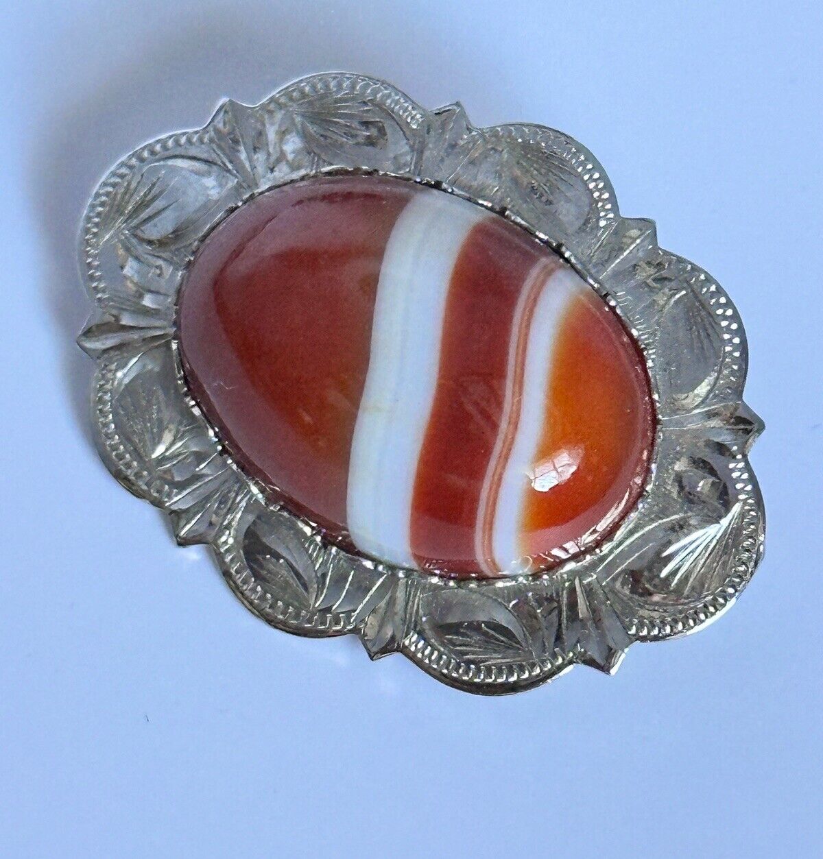 Vintage Silver 925 Red Orange Agate Brooch