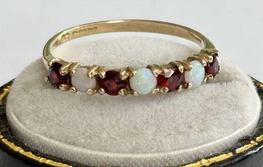 Vintage 9ct Gold Garnet And Opal Half Eternity Ring