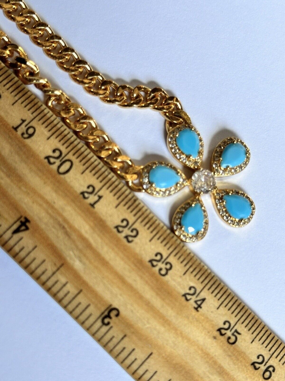 Vintage Gold Plated Faux Turquoise Diamanté Flower Necklace