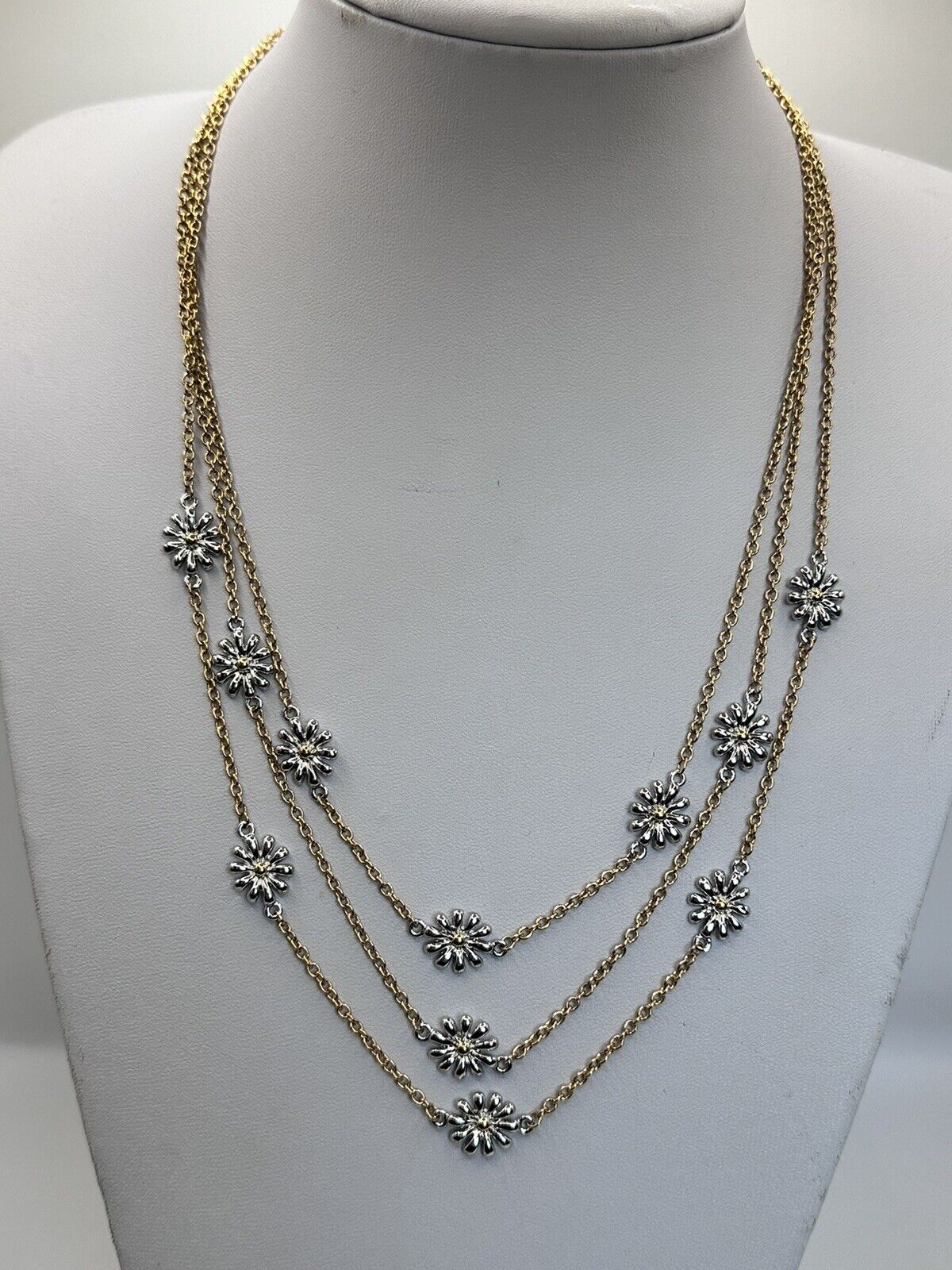 Vintage Gold And Rhodium Plated Daisy Flower Multi Strand Necklace