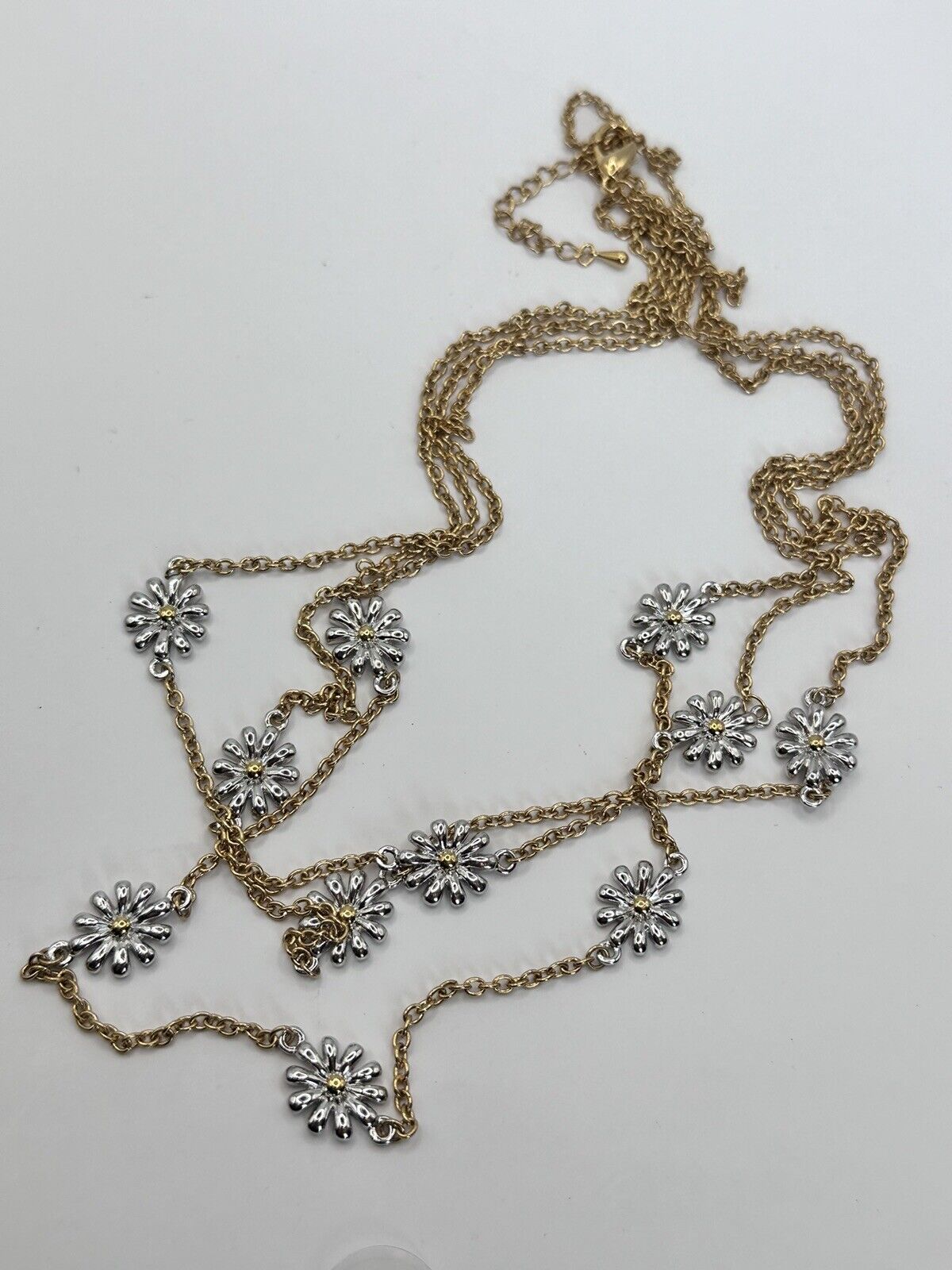 Vintage Gold And Rhodium Plated Daisy Flower Multi Strand Necklace