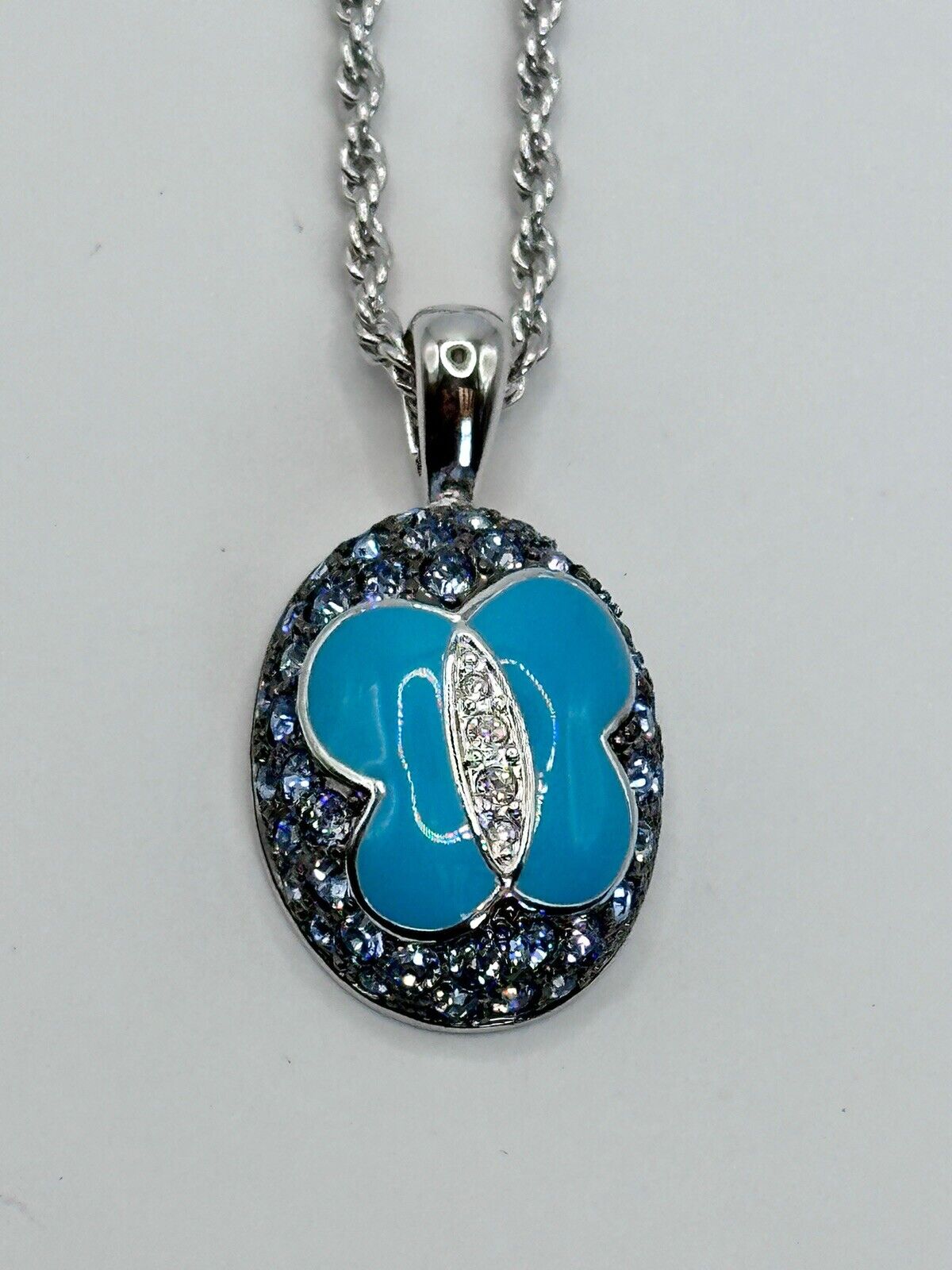 Vintage 1980s Rhodium Plated Blue Butterfly Diamanté Pendant Necklace